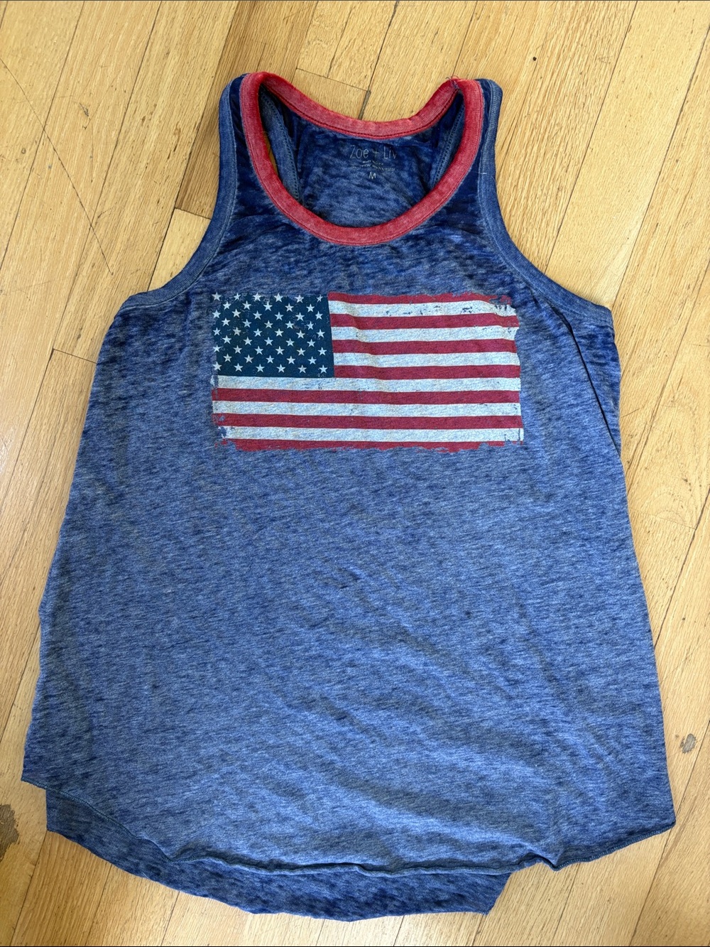 Zoe + Liv Blue Tank with Flag Graphic and Red Trim